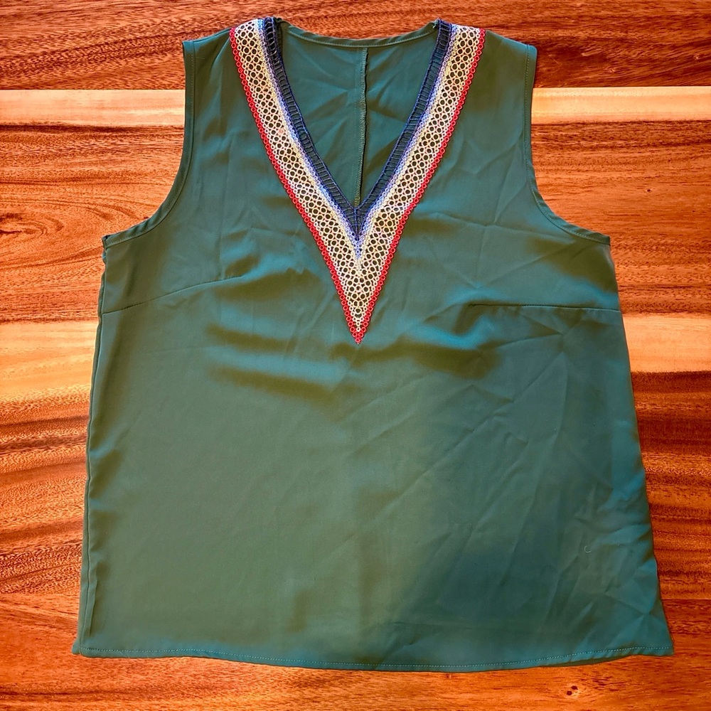SHEIN Green Sleeveless Blouse with Embroidered V-Neck Line